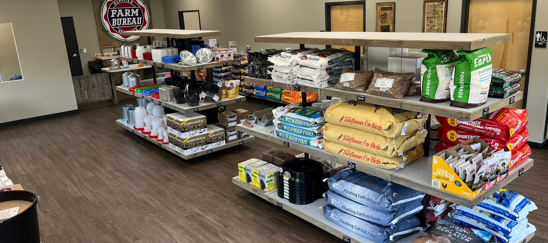 Feed and supplies inside of SC Farm Bureau Anderson Grain Elevator.